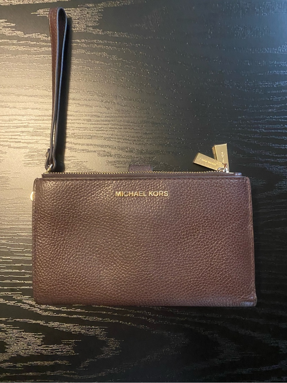 Michael Kors Dark Brown Leather Wristlet Clutch with Gold Tone Hardware - Picture 1 of 8